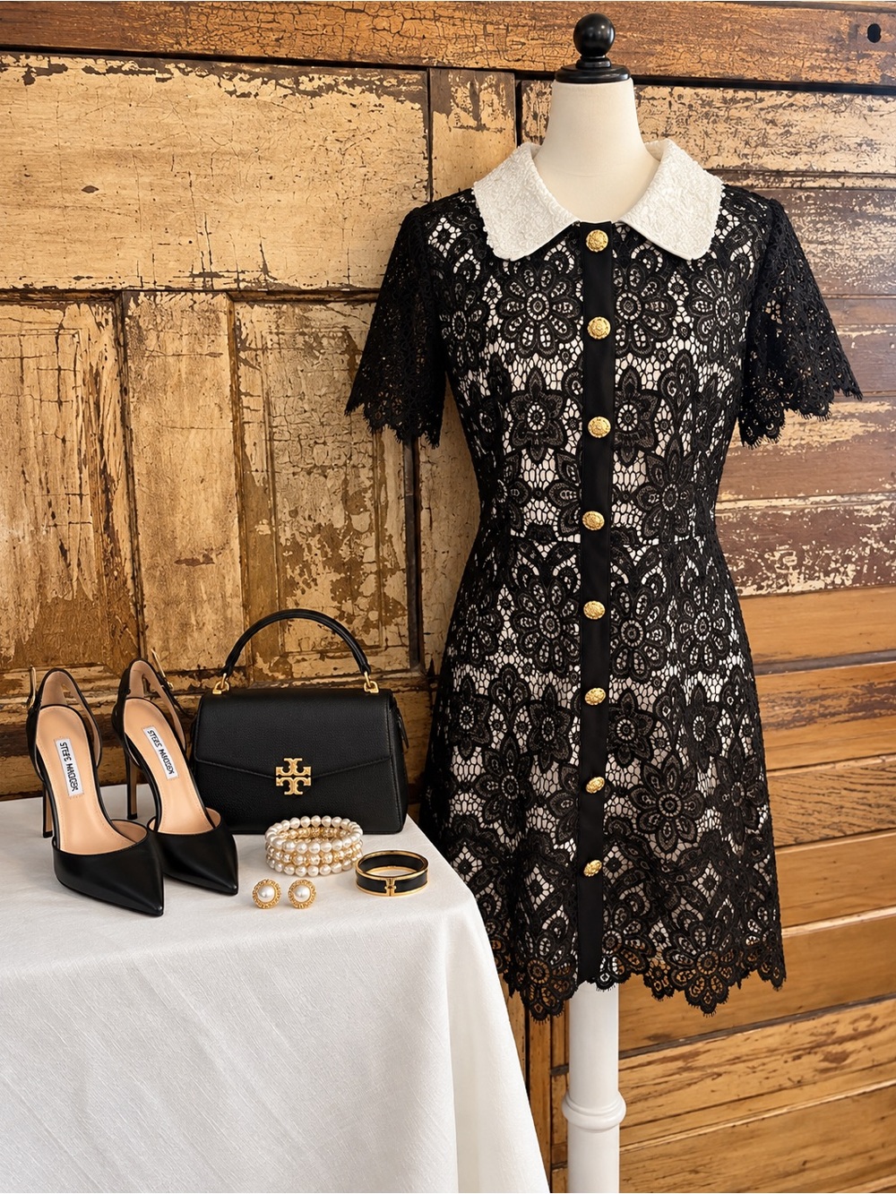 VICI Black Lace Mini Dress | White Peter Pan Collar Gold Buttons | L NWOT